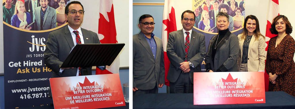 Left: Michael Levitt - MP. Right: Prabhas Jha - Board of Directors at JVS Toronto, Michael Levitt - MP, Kim Coulter - CEO & President at JVS Toronto, Irene Vaksman - Director of Newcomer Services at JVS Toronto, and Sharvari Jois - Manager of Canada InfoNet at JVS Toronto.